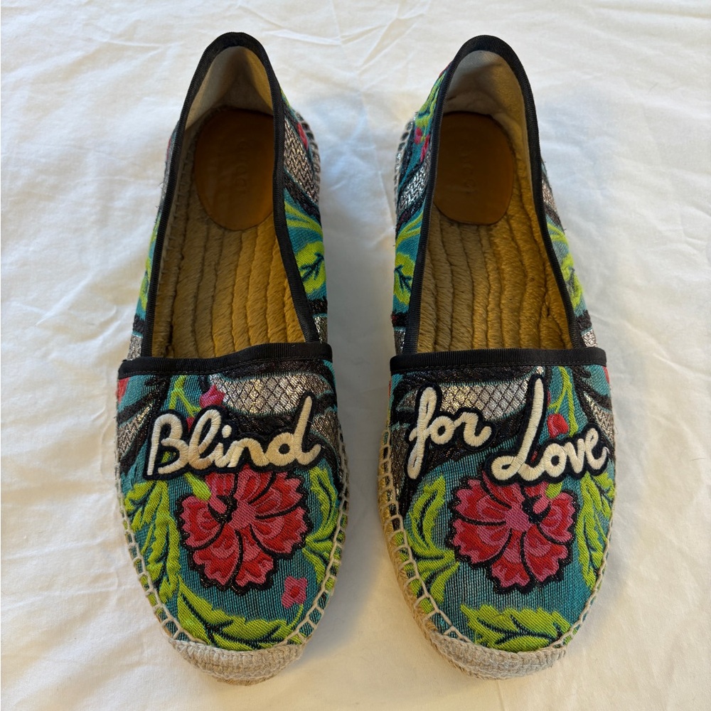 Authentic Gucci Rose Baby Blind for Love Tapestry Espadrille Flats